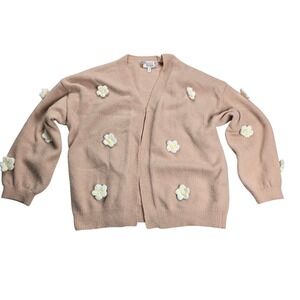 Hazel Moon Cardigan Women 16 Tan Excellent 3D Crochet Flower Open Front Sweater